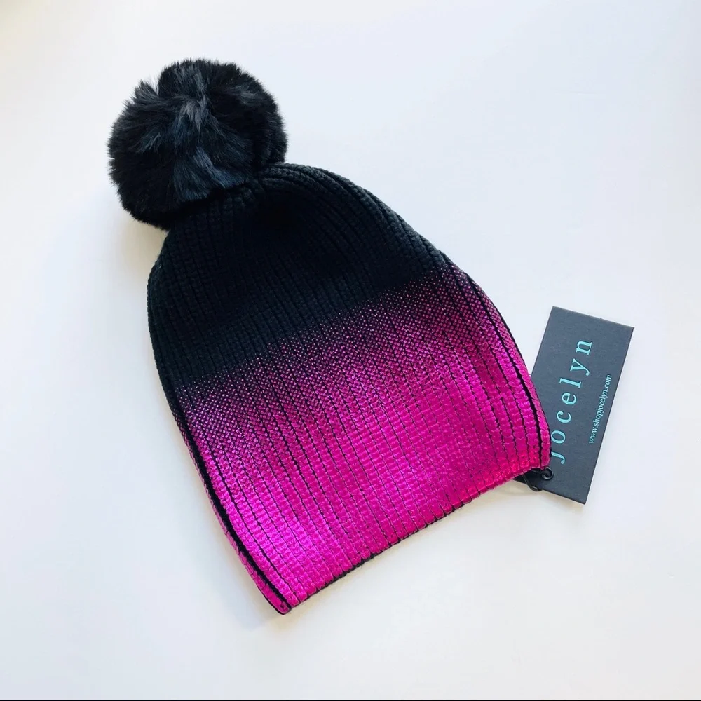 Jocelyn NWT Black Hot Pink Metallic Faux Fur Beanie Winter Hat - Picture 1 of 6